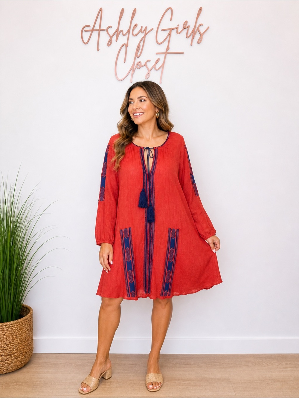 Lucky & Coco Boho Embroidered Tassel Dress orange /Navy Size Small